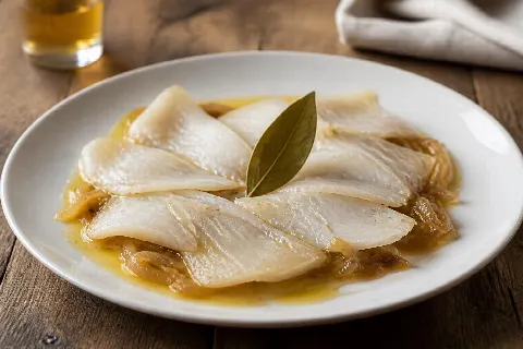 Carpaccio di baccalà con cipolla caramellata alla birra
